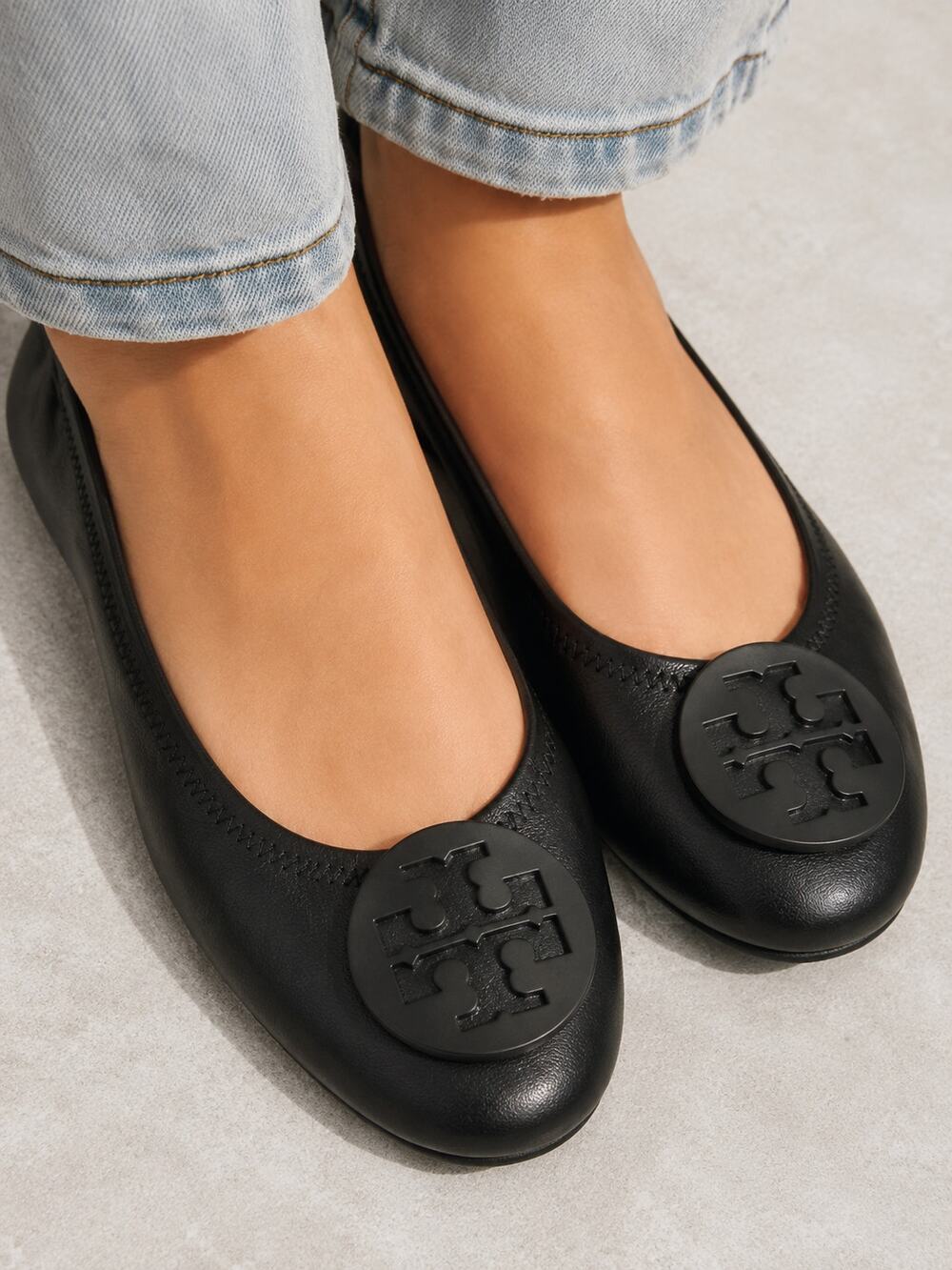 Tory Burch SZ 7.5 Minnie Travel Ballet Flats Black Leather Round Toe